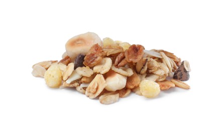 Photo of Pile of granola on white background. Healthy snack