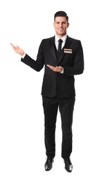 Full length portrait of happy receptionist in uniform on white background