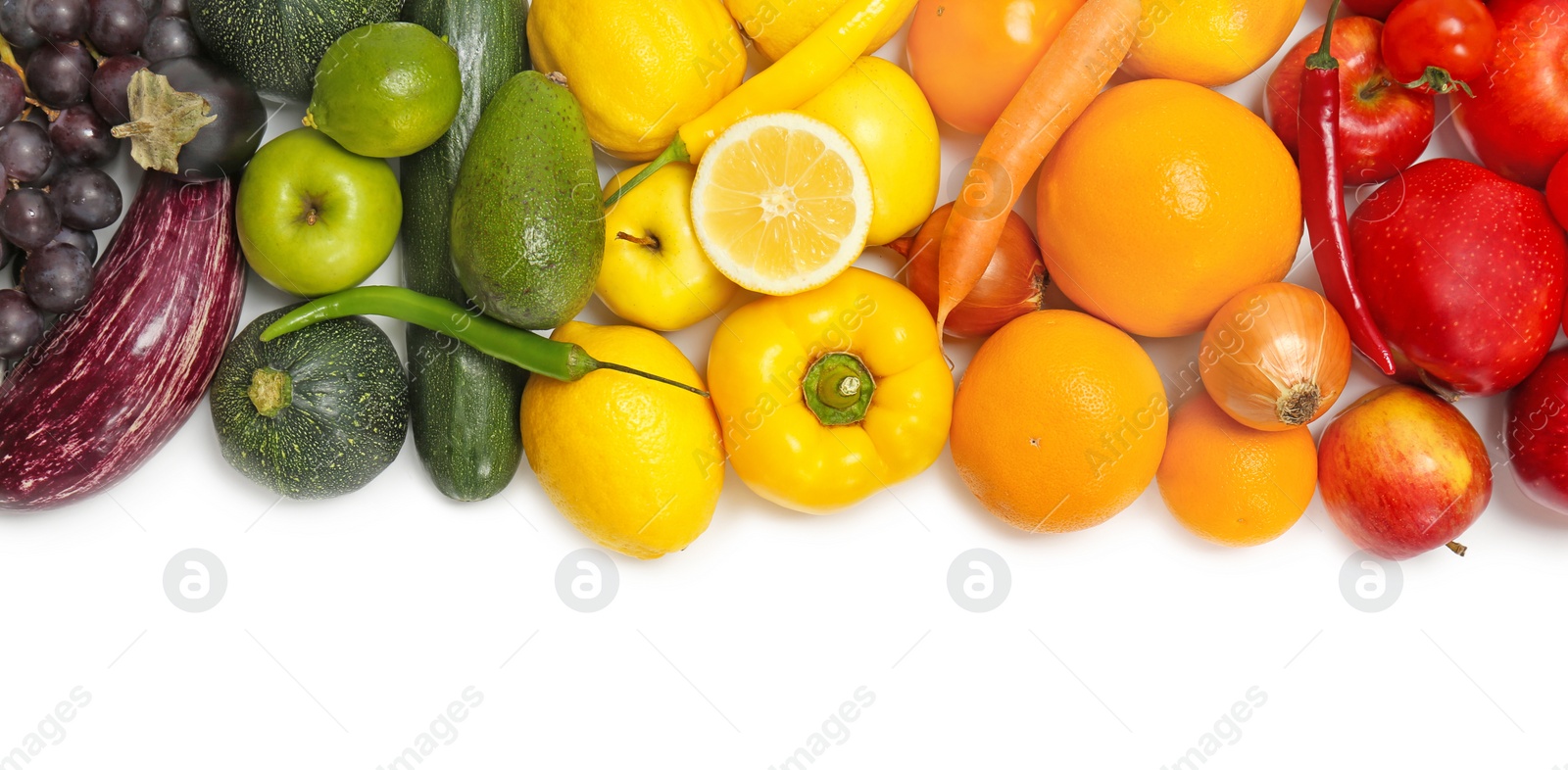 Photo of Rainbow composition with fresh vegetables and fruits on white background, flat lay