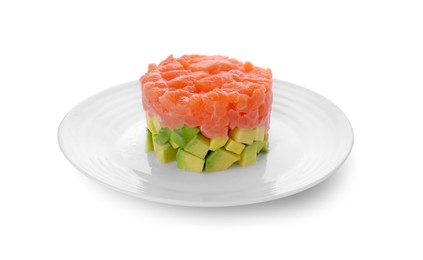 Fresh tasty salmon tartare with avocado isolated on white