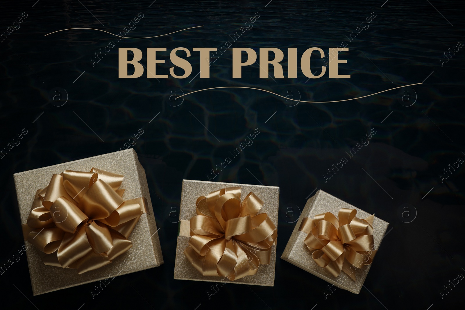 Image of Golden gift boxes and phrase Best Price on black background, flat lay