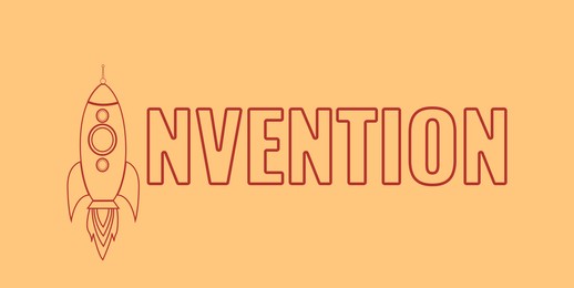 Word Invention with illustration of rocket instead of letter I on pale orange background
