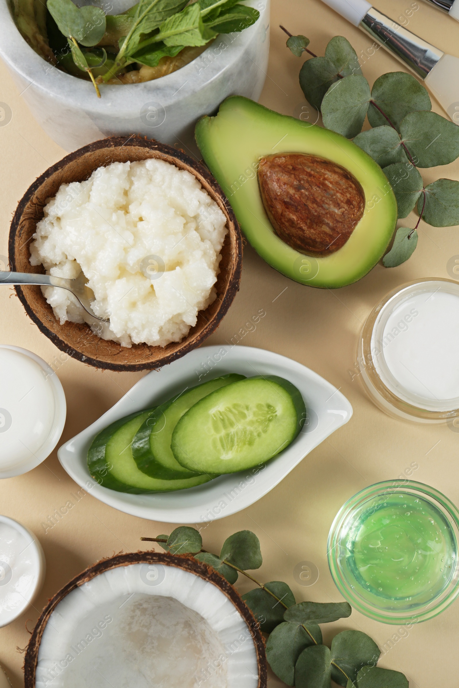 Photo of Flat lay composition with homemade cosmetic products and fresh ingredients on beige background. DIY beauty recipe