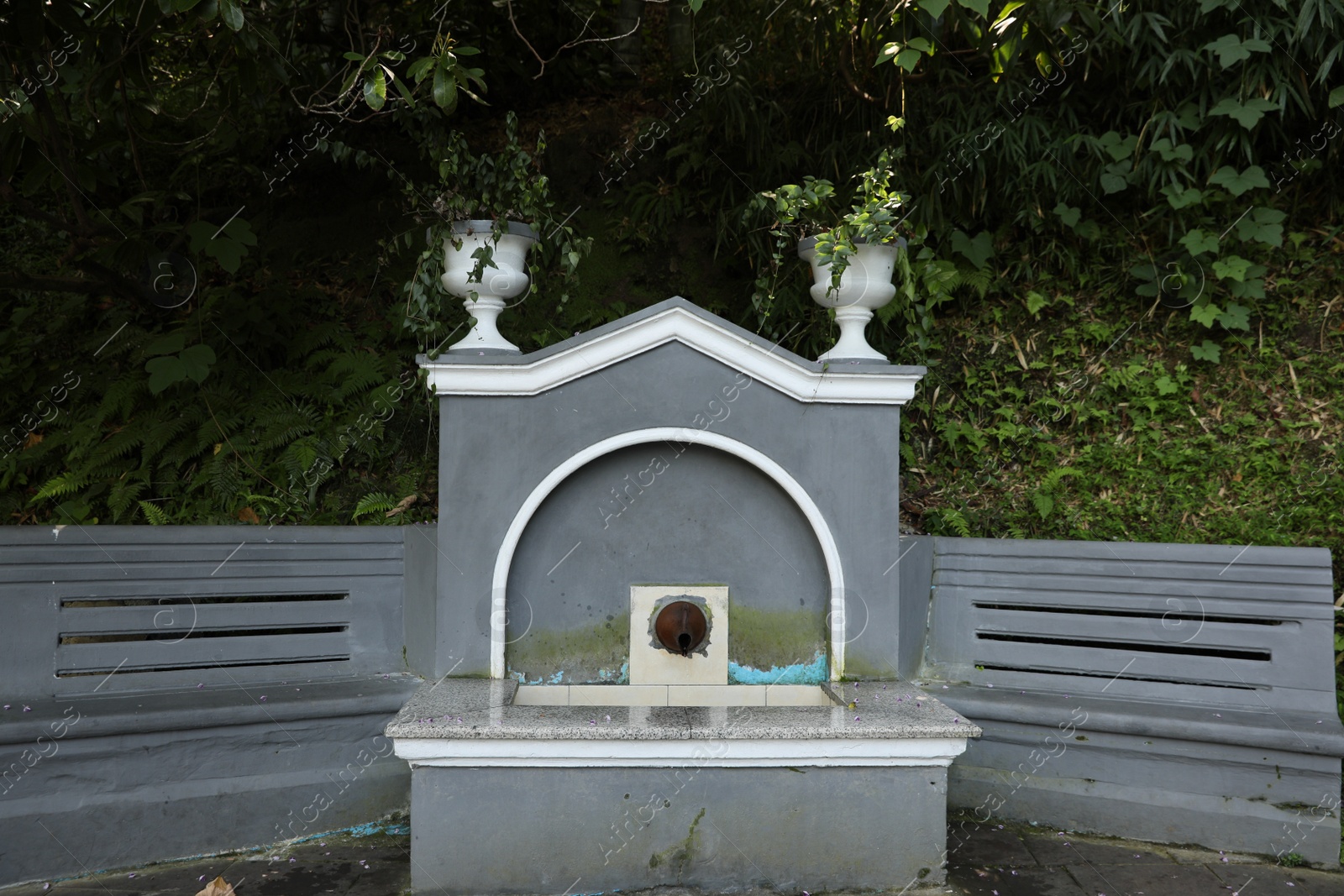 Photo of Beautiful water fountain with vases in park