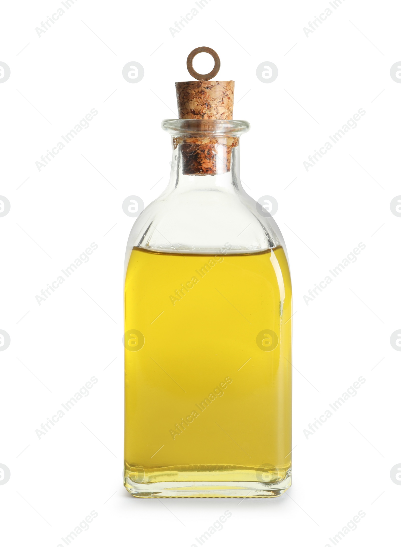 Photo of Glass bottle with fresh olive oil on white background