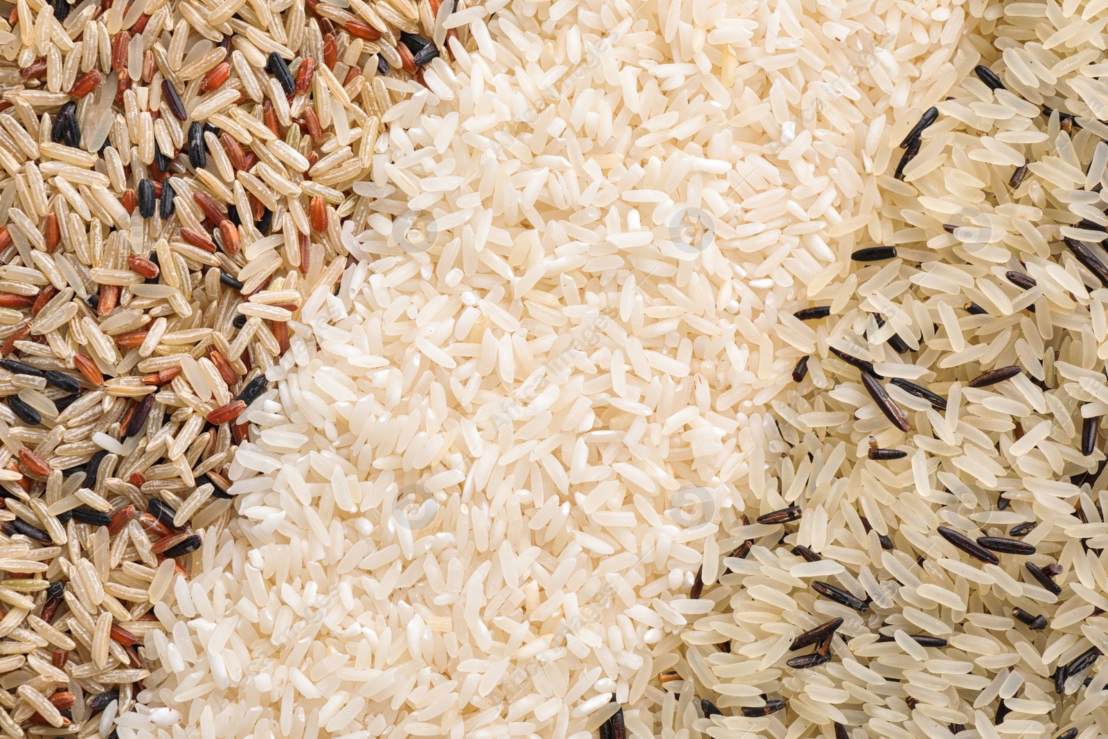 Photo of Different types of rice as background, top view