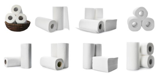 Image of Set with rolls of paper tissues isolated on white, banner design 