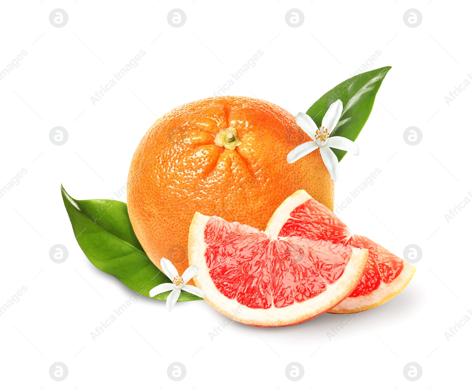 Image of Whole and cut grapefruits on white background