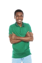 Young African-American man laughing on white background