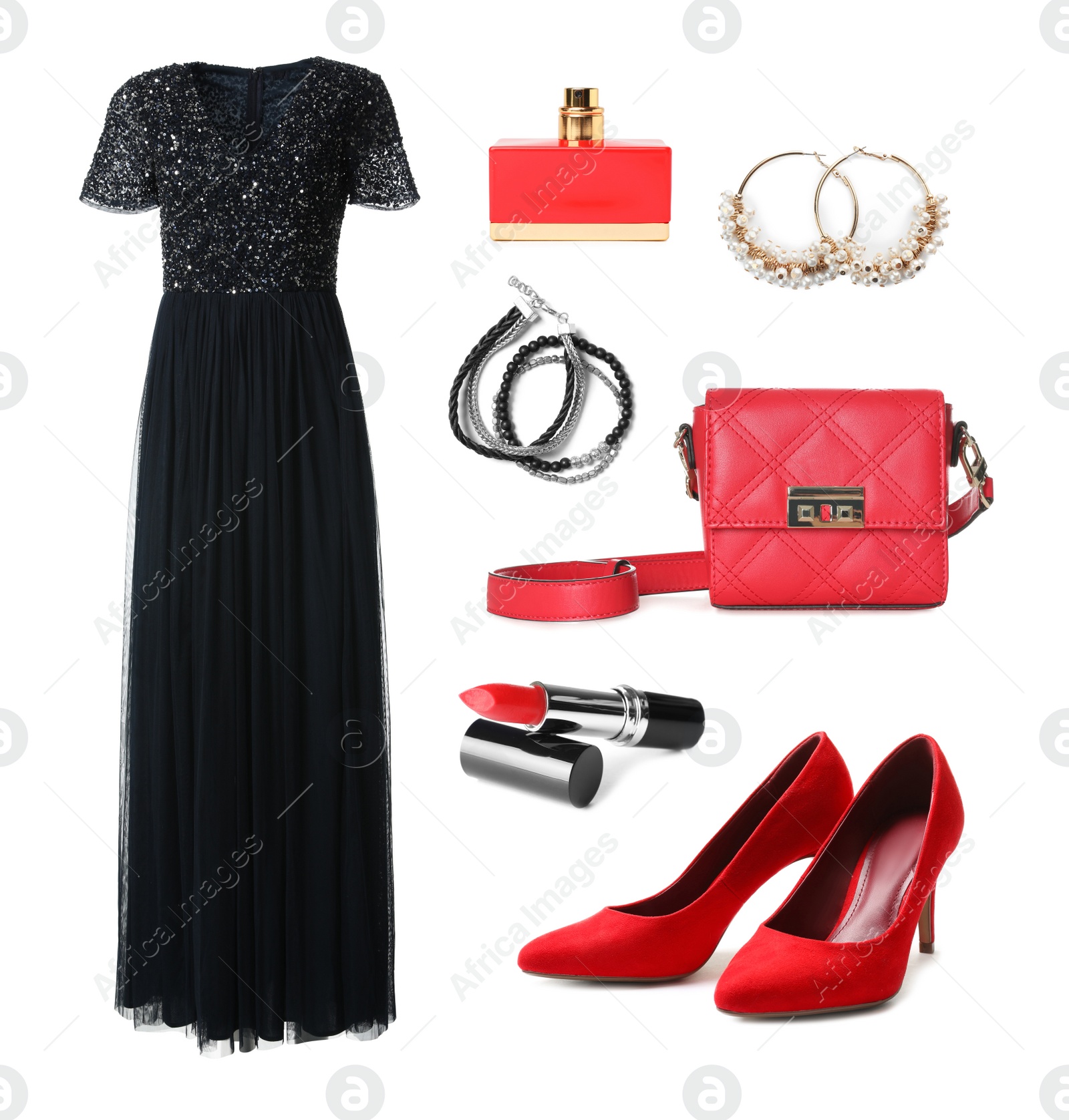 Image of Elegant outfit. Collage with dress, shoes, accessories and cosmetics for woman on white background