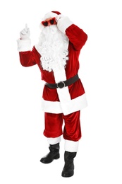 Photo of Authentic Santa Claus wearing sunglasses on white background