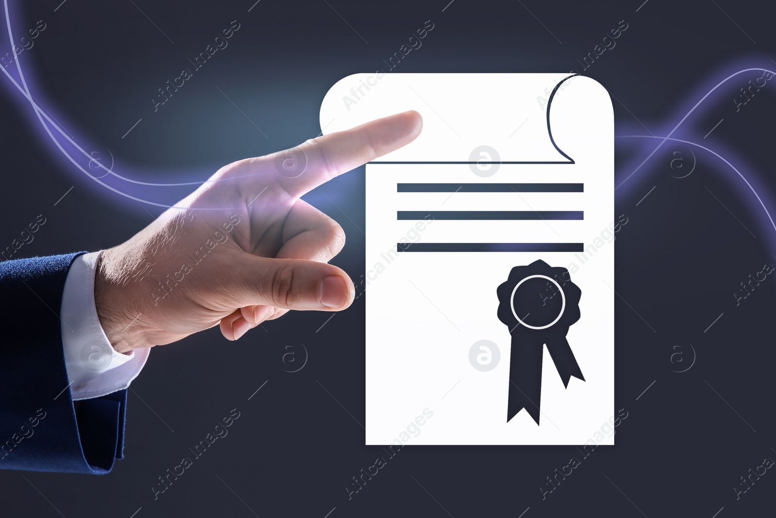 Image of Online learning concept. Man touching diploma illustration on virtual screen, closeup