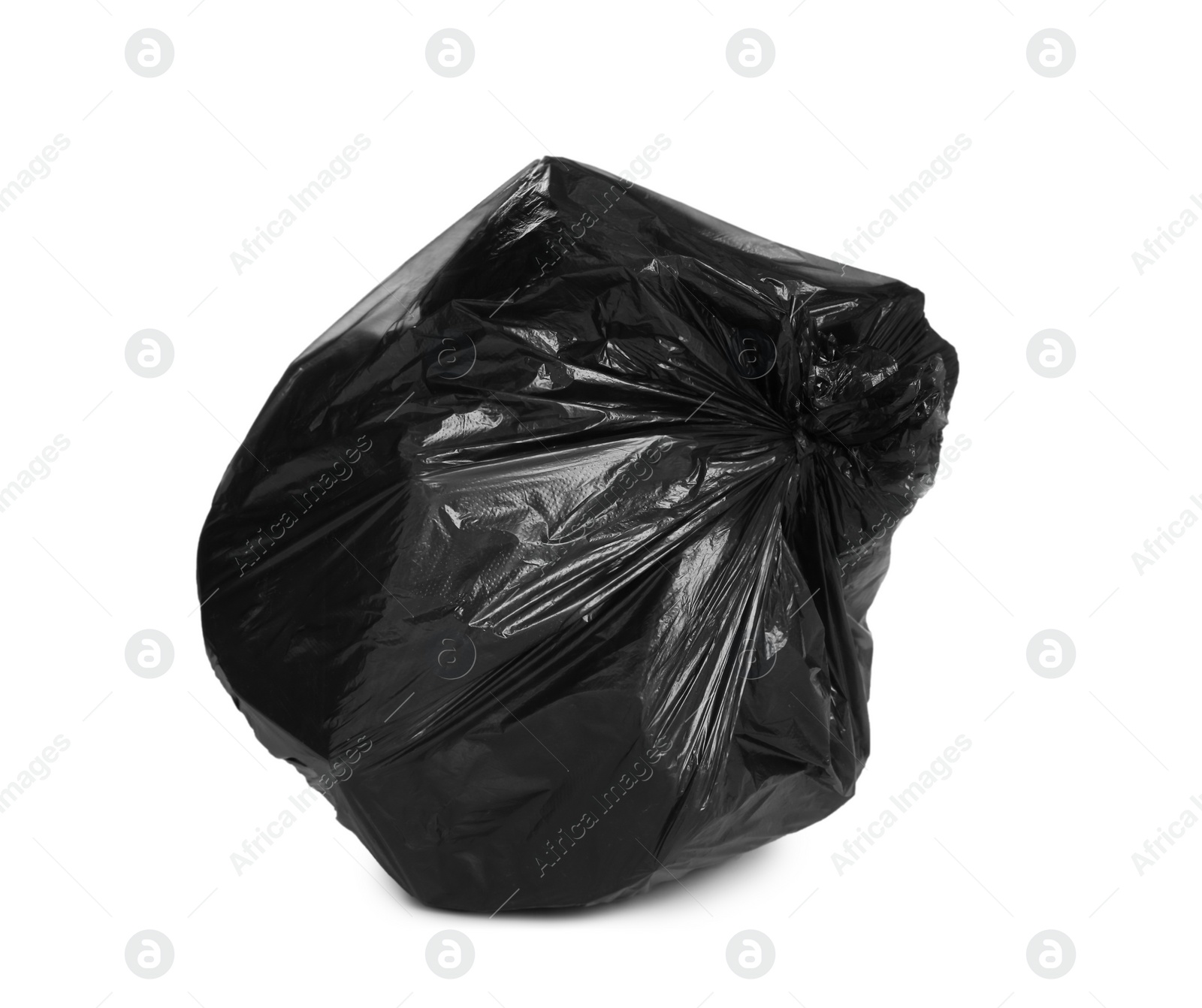 Photo of Black trash bag filled with garbage isolated on white