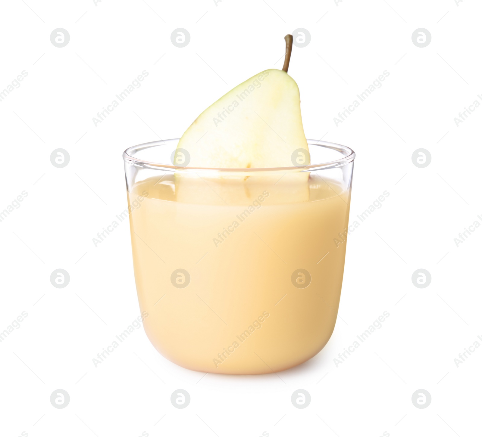 Photo of Tasty juice and pear in glass isolated on white