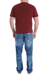 Overweight man isolated on white, closeup. Weight loss