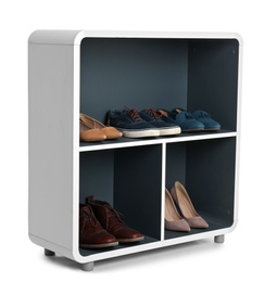 Photo of Stylish shelving unit with shoes on white background. Furniture for wardrobe room