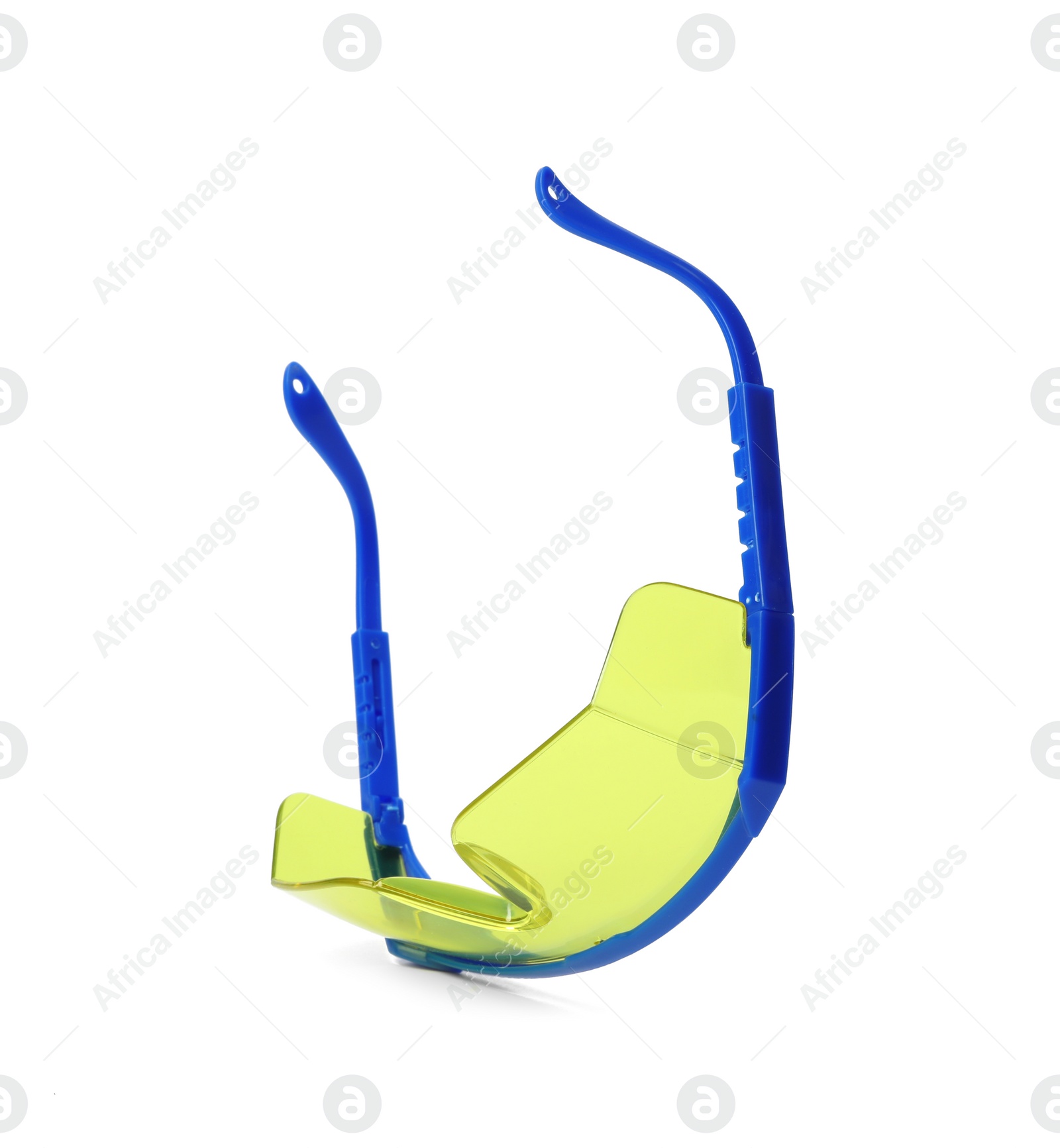 Photo of Protective goggles on white background. Construction tool