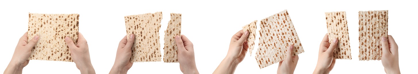 Image of Collage with photos of women holding matzos on white background, closeup. Pesach (Passover) celebration