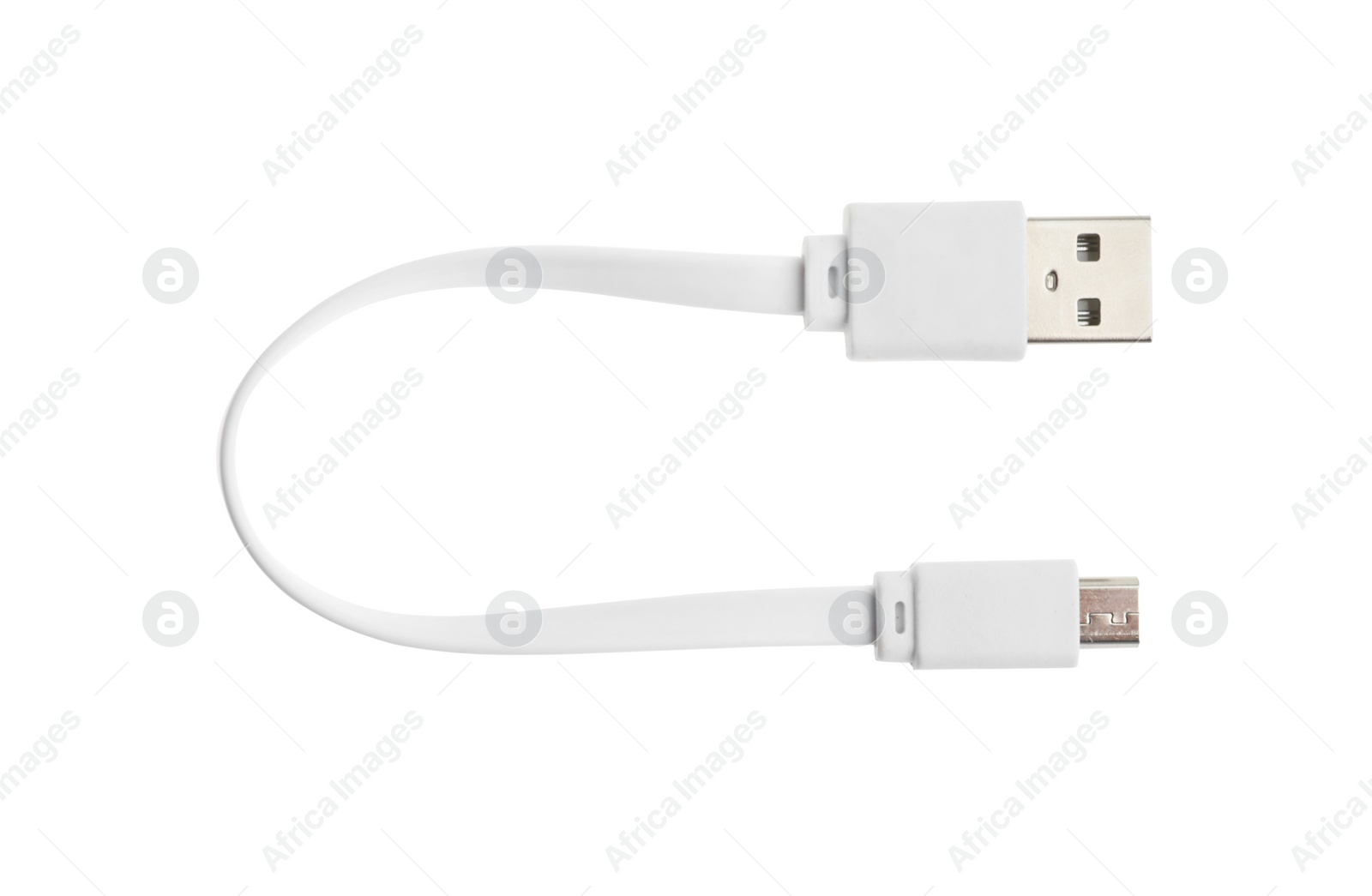 Photo of USB charge cable isolated on white, top view. Modern technology