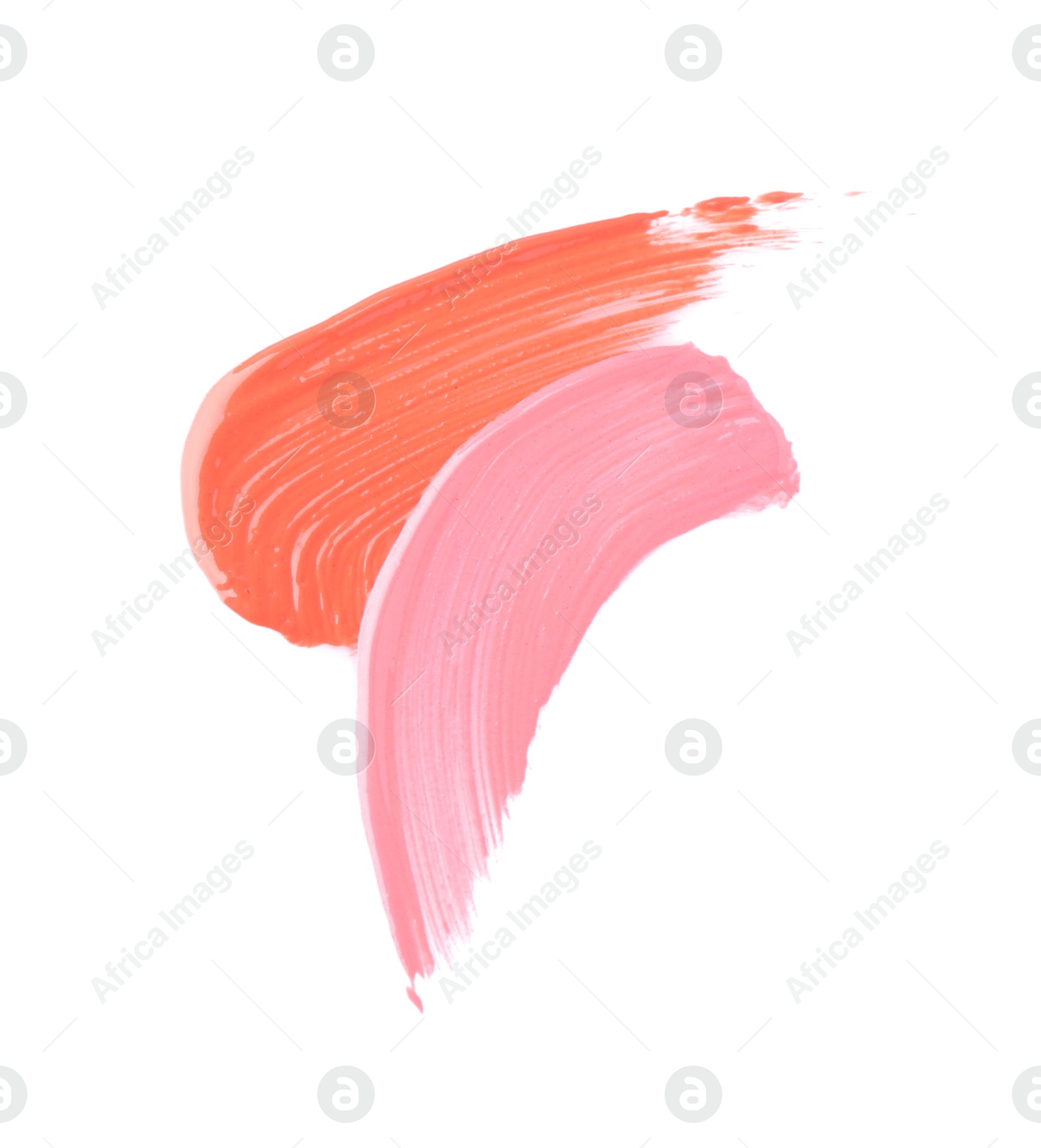 Photo of Strokes of color lip glosses isolated on white, top view