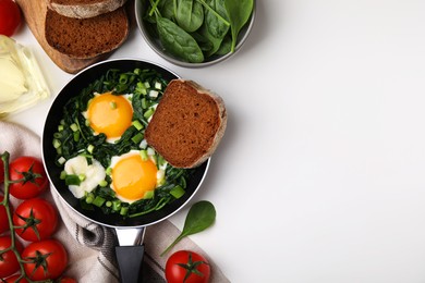 Photo of Flat lay composition with tasty green Shakshouka and ingredients on white table. Space for text