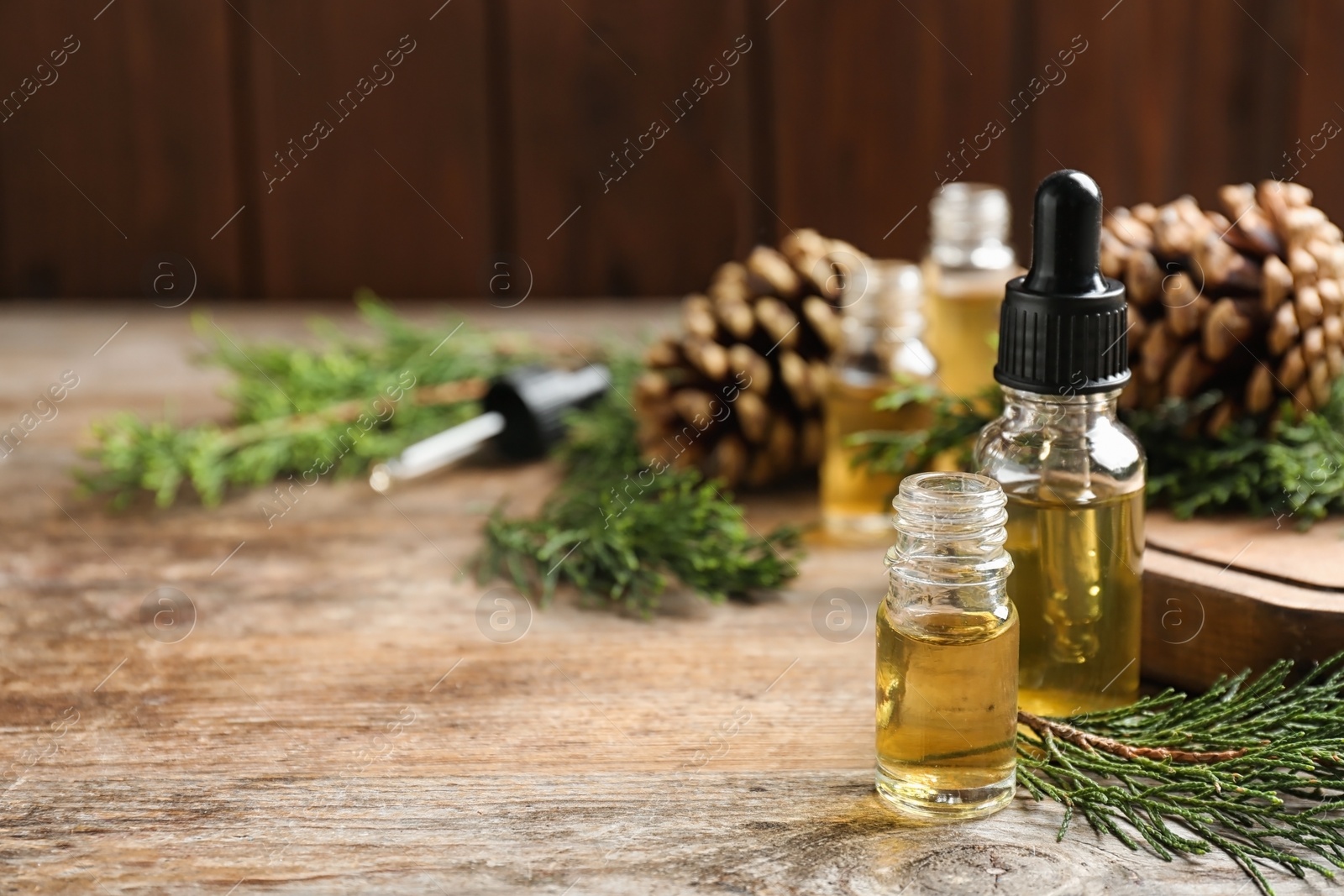 Photo of Composition with bottles of conifer essential oil on wooden table. Space for text