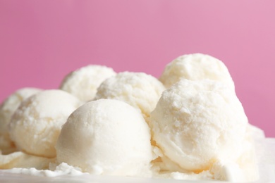 Photo of Tasty vanilla ice cream, closeup