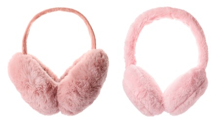 Stylish warm earmuffs on white background, collage. Banner design