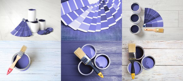 Image of Collage with different photos of violet paints and decorator's tools