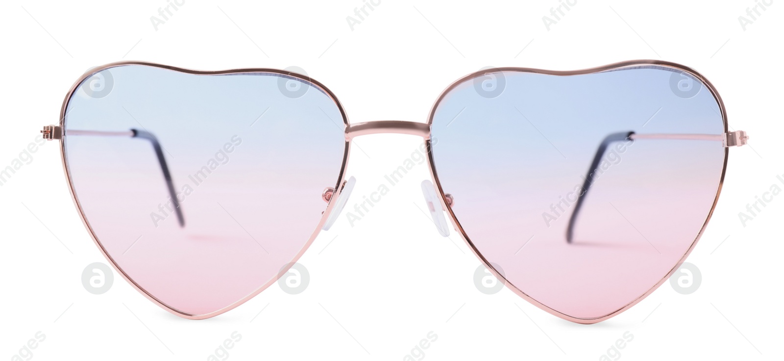 Photo of Heart shaped sunglasses isolated on white. Sun protection