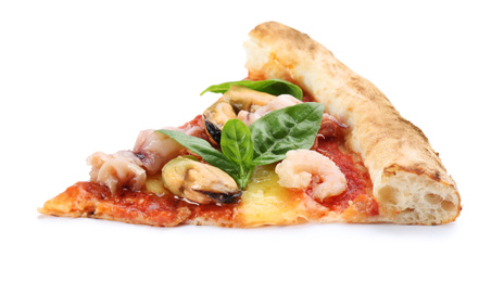 Photo of Slice of delicious seafood pizza isolated on white