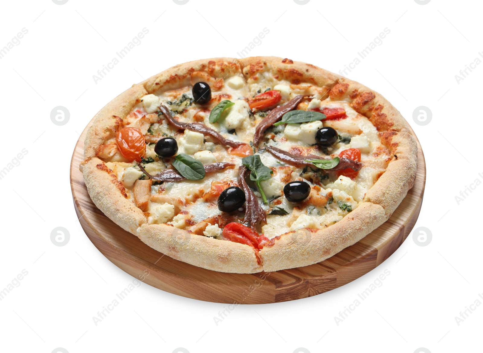 Photo of Tasty pizza with anchovies, arugula and olives isolated on white