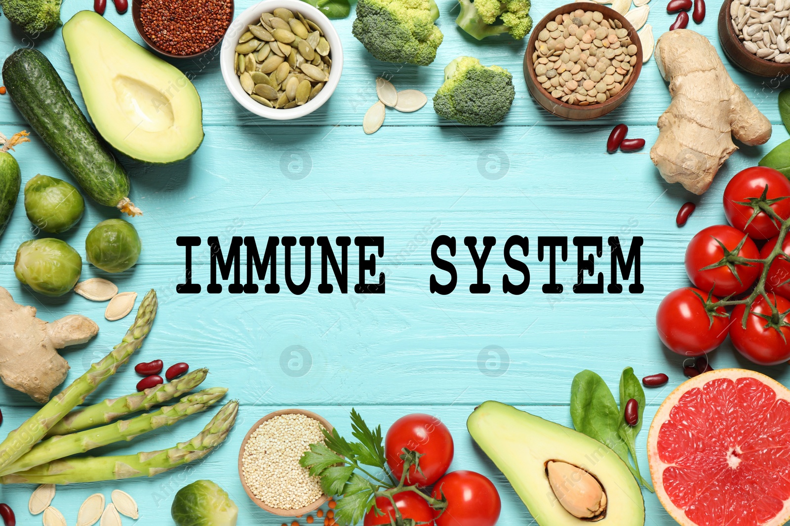 Image of Immune system boosting with proper nutrition. Different foods on light blue wooden table, flat lay