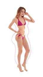 Young slim woman in bikini after weight loss on white background. Healthy diet