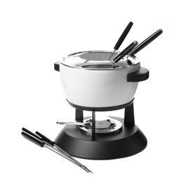 Photo of Modern fondue set on white background. Kitchen equipment