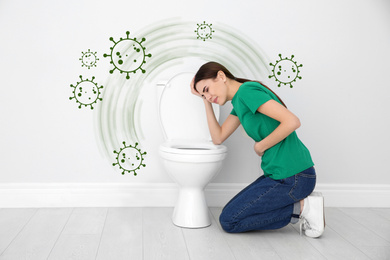 Image of Young woman suffering from nausea at toilet bowl and bacteria illustration. Food poisoning