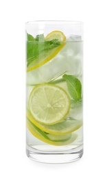 Photo of Glass of refreshing drink with citrus slices and mint on white background