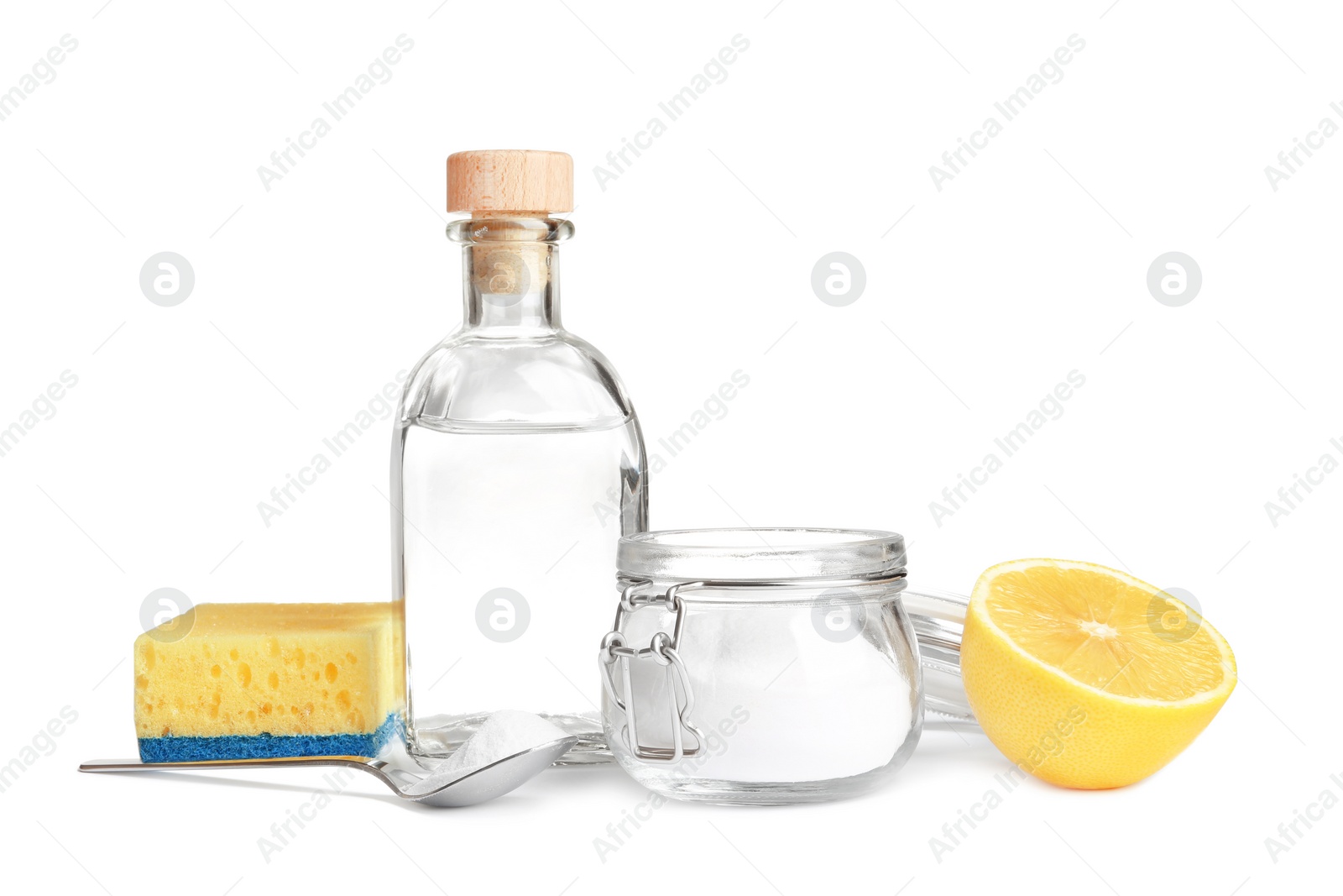 Photo of Composition with vinegar, lemon and baking soda on white background. House cleaning