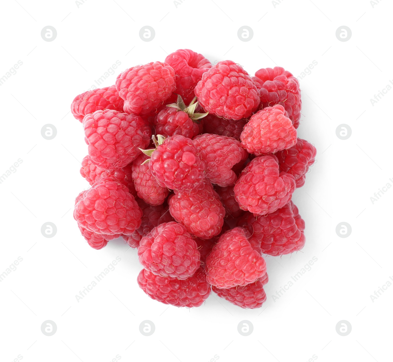 Photo of Pile of fresh ripe raspberries isolated on white, top view