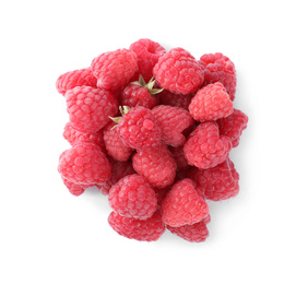 Photo of Pile of fresh ripe raspberries isolated on white, top view