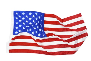 Photo of American flag on white background, top view