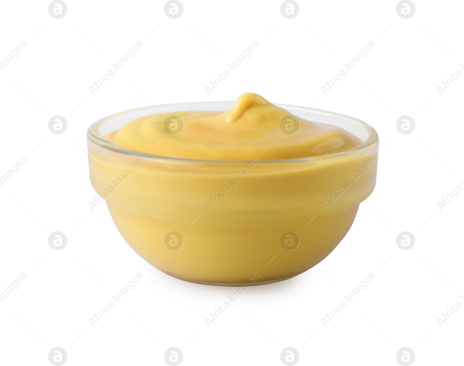 Photo of Bowl with delicious mustard on white background