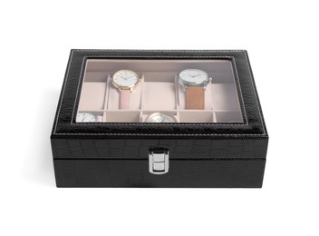 Photo of Black jewelry box with different wristwatches isolated on white