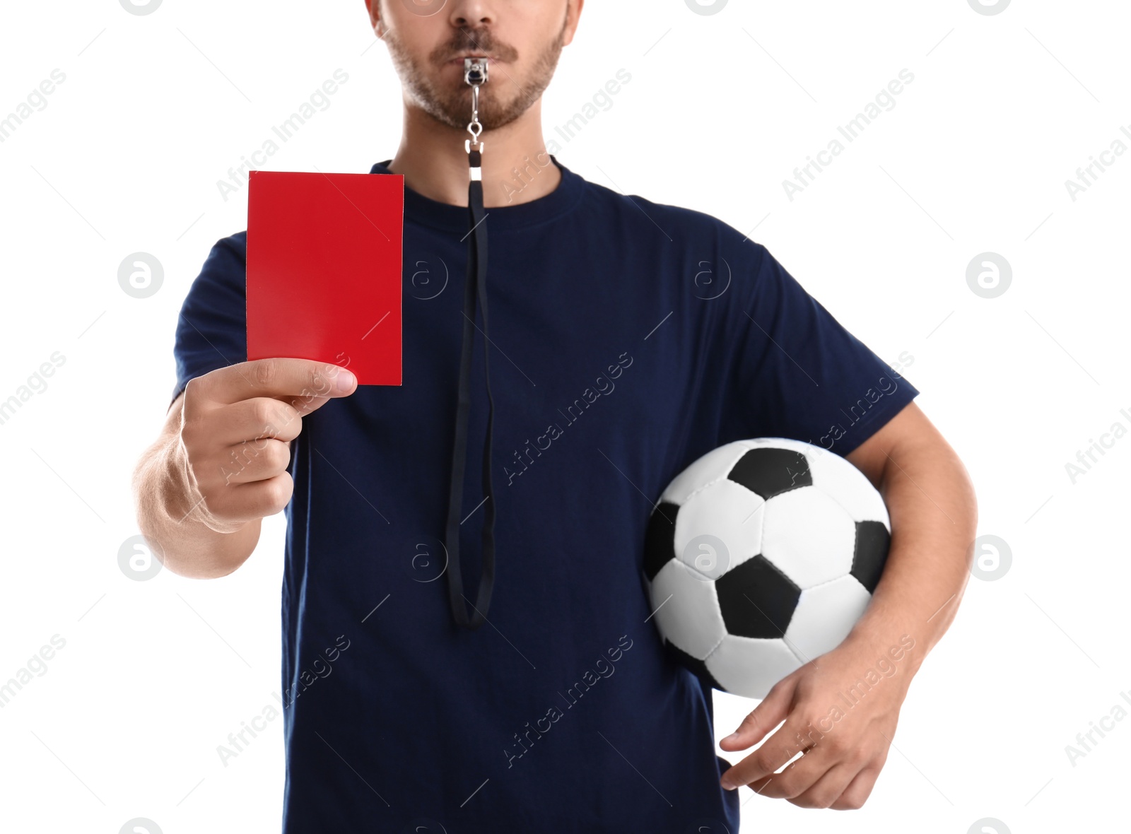 Photo of Football referee with ball and whistle holding red card on white background, closeup