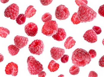 Image of Delicious ripe raspberries flying on white background