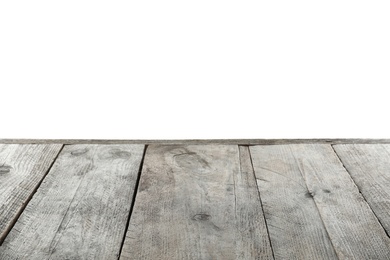 Photo of Empty wooden table surface on white background