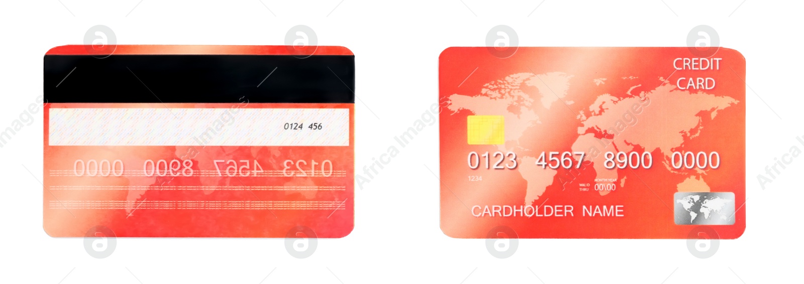 Image of Modern credit card on white background, front and back view. Banner design 