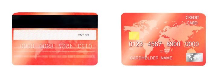 Image of Modern credit card on white background, front and back view. Banner design 