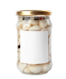 Jar with pickled garlic on white background