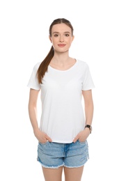 Photo of Young woman in t-shirt on white background. Mock up for design